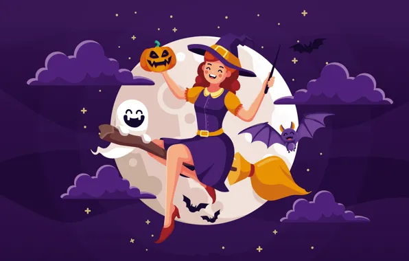 Картинка Ночь, Луна, Тучи, Тыква, Ведьма, Halloween, Хеллоуин, Летучая мышь