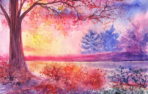 Картинка река, дерево, акварель, кусты, нарисованный пейзаж