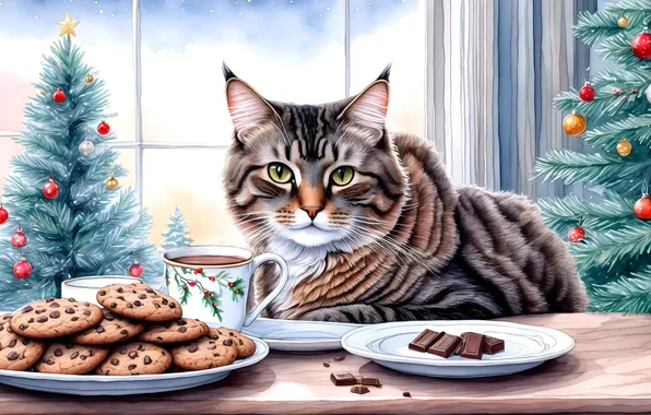 Кошка, кот, новый год, шоколад, рождество, печенье