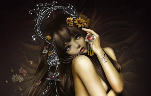 Картинка девушка, украшения, цветы, бабочка, тату, арт, nana hang