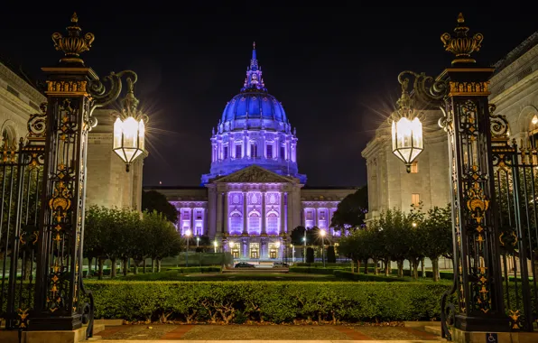 Картинка небо, ночь, огни, ворота, фонари, Сан-Франциско, США, дворец