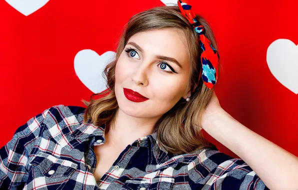 Девушка, задумчивость, красный, поза, фон, портрет, сердца, макияж