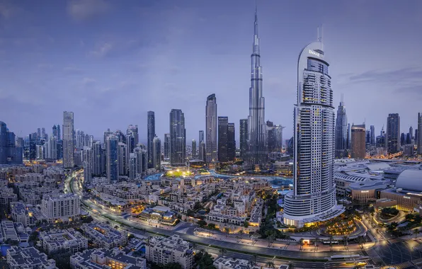 Картинка дорога, здания, башня, дома, панорама, Дубай, Dubai, небоскрёбы