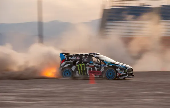 Огонь, пыль, ford, ken block, пробуксовка, fiesta, rx43