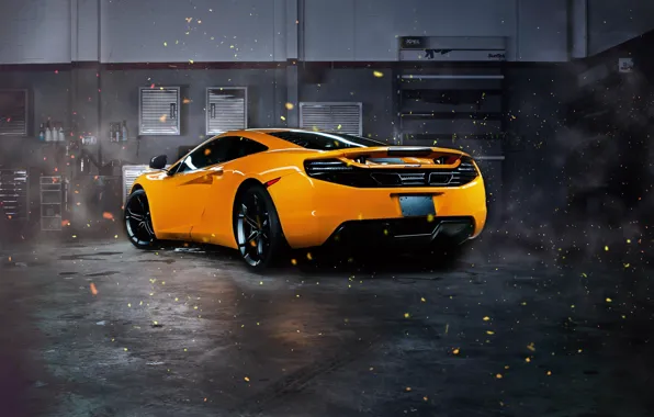 Картинка McLaren, Orange, MP4-12C, Supercar, Garage, Rear, Sparks