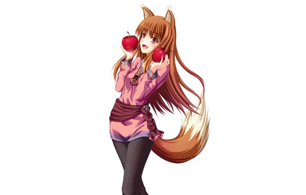 Аниме, Волчица и пряности, Холо, Spice and Wolf, белый фон., яблуко