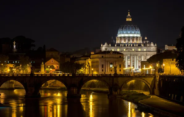 Картинка ночь, мост, огни, река, Рим, Италия, Ватикан, Собор Святого Петра