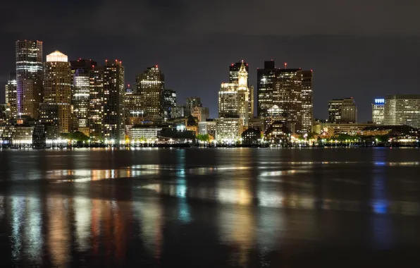 Картинка город, река, ночные огни, Бостон ночью