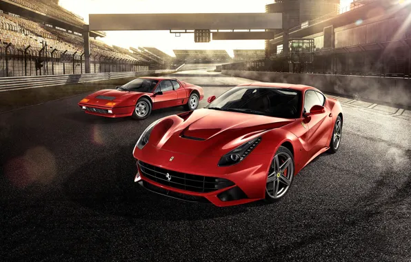 Картинка Ferrari, Red, Front, Sun, Supercars, Berlinetta, F12, Track
