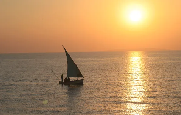 Океан, лодка, утро, парус, рыбаки, sunset, Mozambique, Bazaruto Archipelago