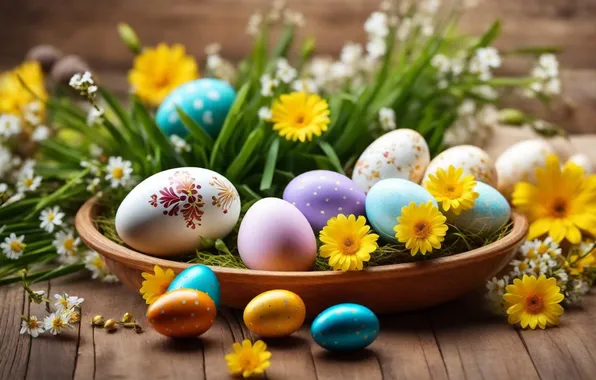 Цветы, яйца, весна, colorful, Пасха, happy, flowers, spring
