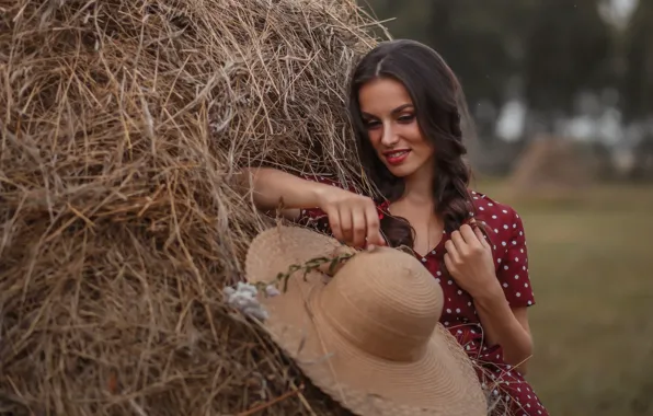 Картинка dress, field, hat, beautiful, model, women, brunette, red dress