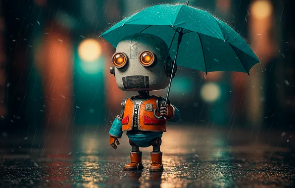 Фон, дождь, обои, робот, зонт, арт, wallpaper, robot