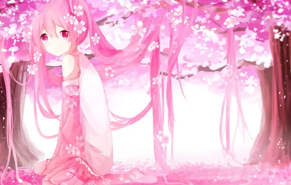 Картинка девушка, деревья, цветы, аниме, лепестки, сакура, арт, vocaloid