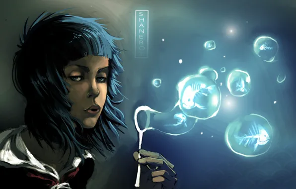 Картинка девушка, рыбы, пузырьки, арт, ShaneBot