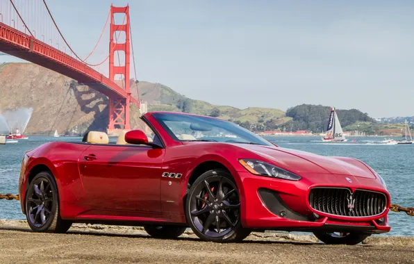 Картинка авто, небо, мост, Maserati, Сан-Франциско, red, мазерати, GranCabrio