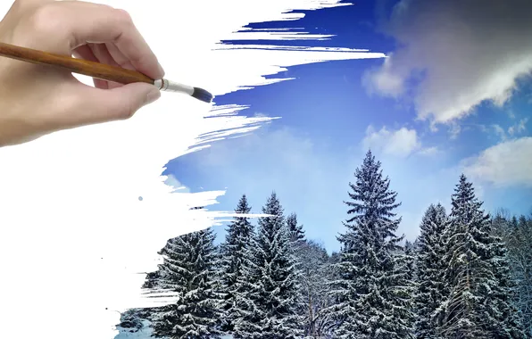 Картинка зима, лес, снег, рисунок, рука, кисть