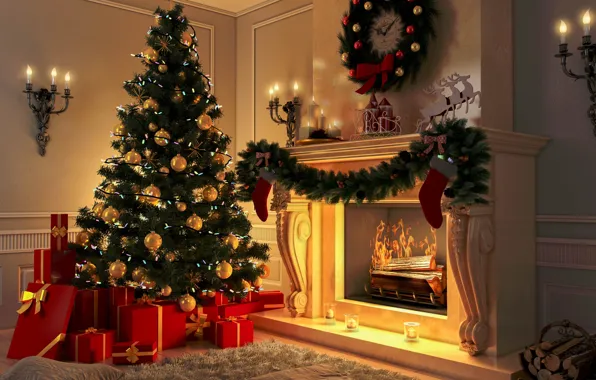 Украшения, игрушки, елка, Новый Год, Рождество, камин, Christmas, design
