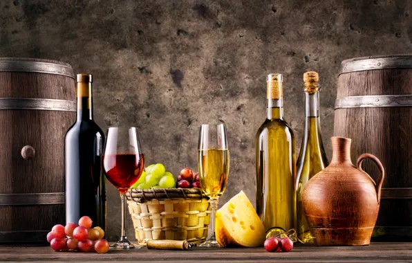 Вино, бокалы, бутылки, фрукты, корзинка