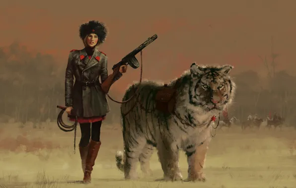 Картинка девушка, тигр, оружие, животное, арт, форма, живопись