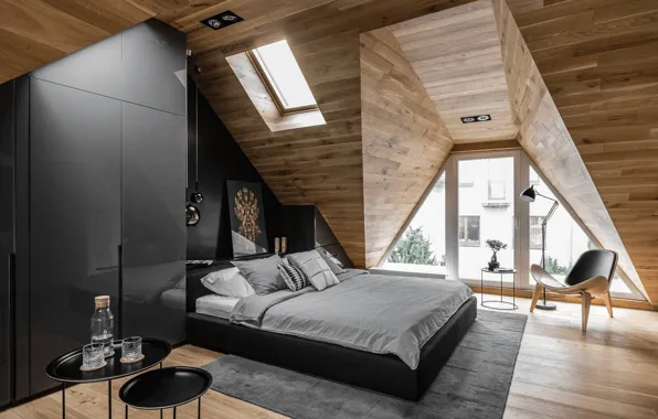 Лампа, кровать, картина, кресло, окно, шкаф, design, interior