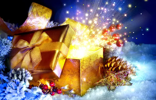 Картинка снег, праздник, подарок, новый год, ель, бант, шишки, коробочка