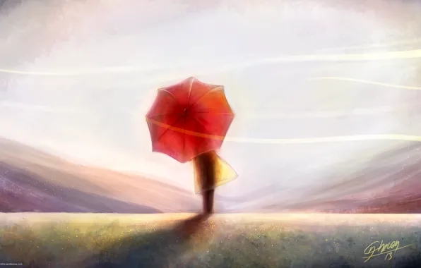 Небо, ветер, спина, человек, арт, живопись, красный зонт