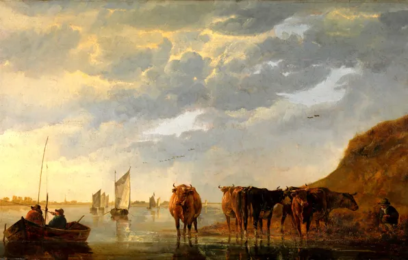 Картинка небо, пейзаж, река, люди, лодка, картина, парус, Пастух с пятью коровами на реке