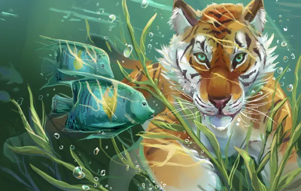 Вода, рыбы, тигр, арт, art