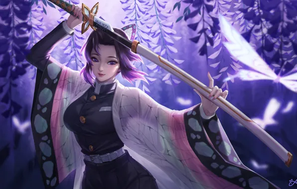 Картинка girl, sword, anime, purple eyes, katana, samurai, artwork, warrior