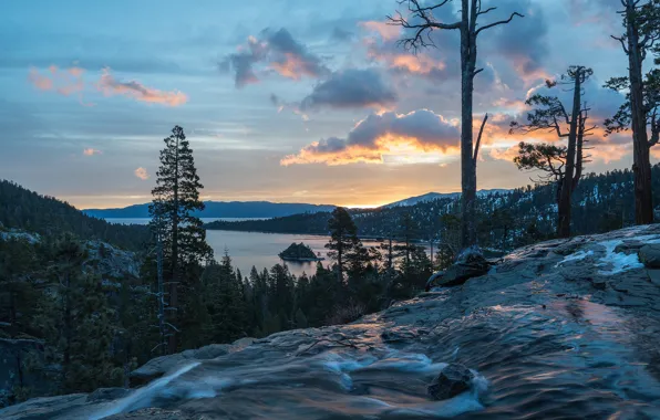 Картинка озеро, водопад, Калифорния, панорама, California, Lake Tahoe, озеро Тахо, водопады Игл