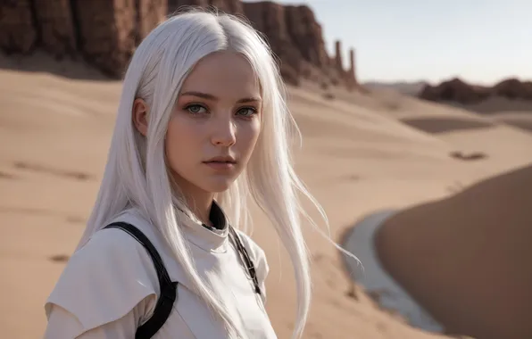 Girl, fantasy, desert, art, sands, digital art, fantasy art, white hair