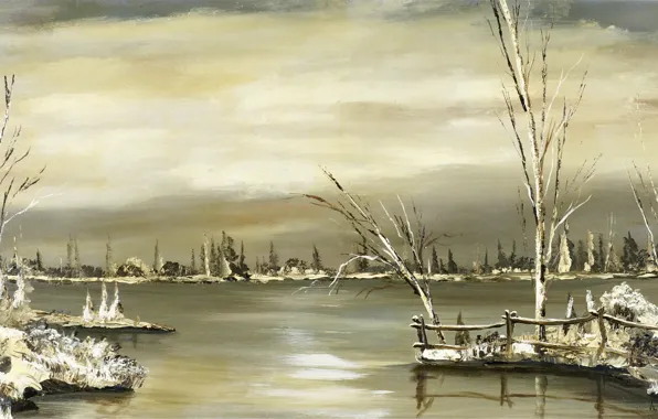 Картинка зима, деревья, пейзаж, река, масло, холст, Овчи́нников Влади́мир Ива́нович