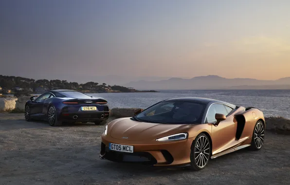 Закат, побережье, McLaren, пара, суперкары, 2019, McLaren GT