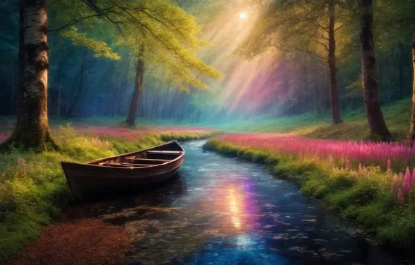 Картинка forest, river, landscape, painting, boat