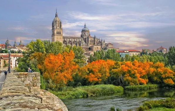 Картинка осень, деревья, мост, река, собор, Испания, парапет, Spain