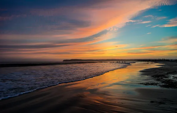 Песок, пляж, закат, океан, California, San Diego
