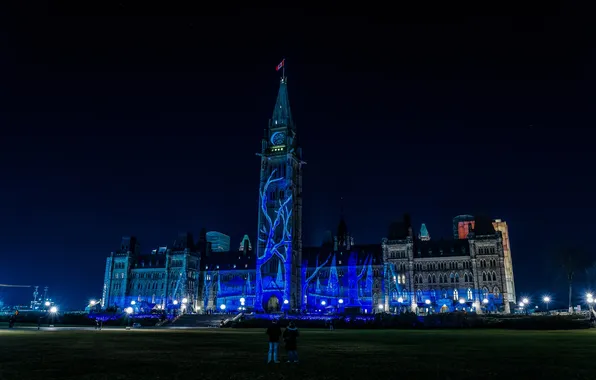 Картинка ночь, огни, Канада, здание парламента, световое шоу, Оттава