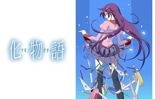 Лепестки, иероглифы, длинные волосы, senjougahara hitagi, bakemonogatari, ножницы, истории чудовищ, со спины