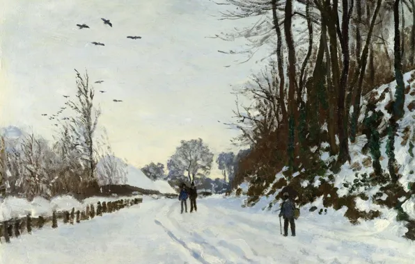 Снег, пейзаж, картина, Claude Monet, Клод Моне, Дорога на Ферму Сен-Симон Зимой