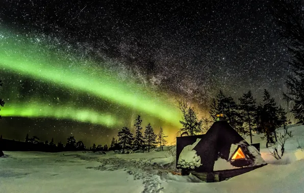 House, Sky, Stars, Wood, Winter, Night, Snow, Trees