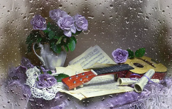 Картинка ноты, гитара, розы, натюрморт