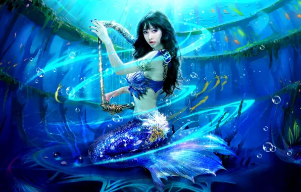 Game, sea, brunette, asian, mermaid, Perfect World, chinese, oriental