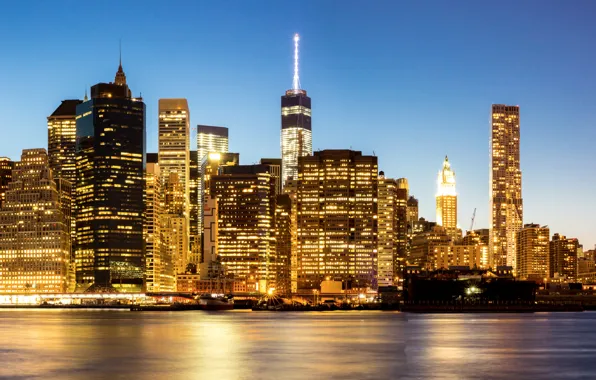 Картинка ночь, огни, побережье, Нью-Йорк, небоскребы, США