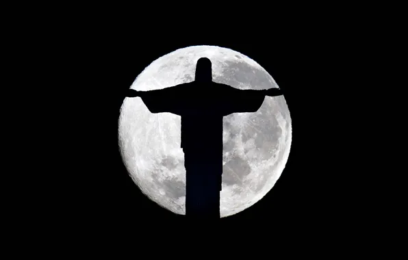 Картинка ночь, темнота, луна, силуэт, Статуя, полумрак, Бразилия, Рио-де-Жанейро