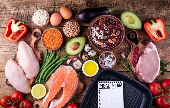 Eggs, fish, vegetables, cereals, healthy food