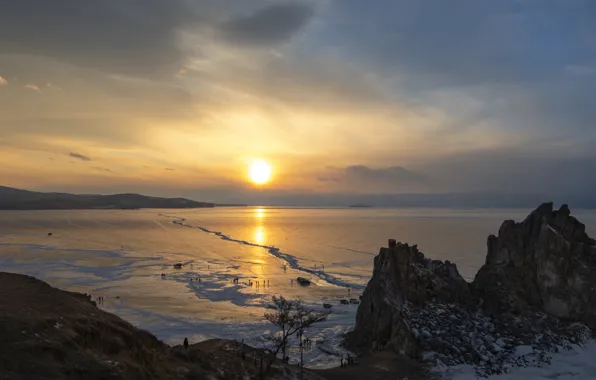 Зима, снег, закат, берег, водоем