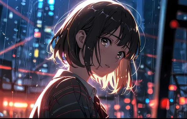 Anime Wallpapers, City lights, Anime girl, Neon lights, Urban scene, Emotional expression, Rainy night