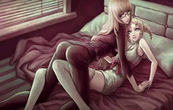 Взгляд, девушки, постель, объятья, art, catherine, yinanhuanle, katherine mcbride