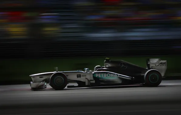 Ночь, гонка, формула 1, mercedes, болид, formula one, Singapore Grand Prix